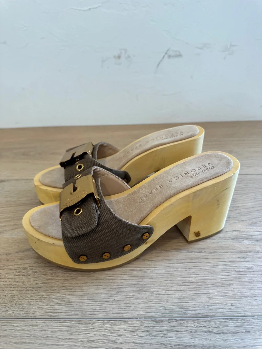 Dr. Scholl's x Veronica Beard Hula Canvas Buckle Mule Clogs Wooden Platform